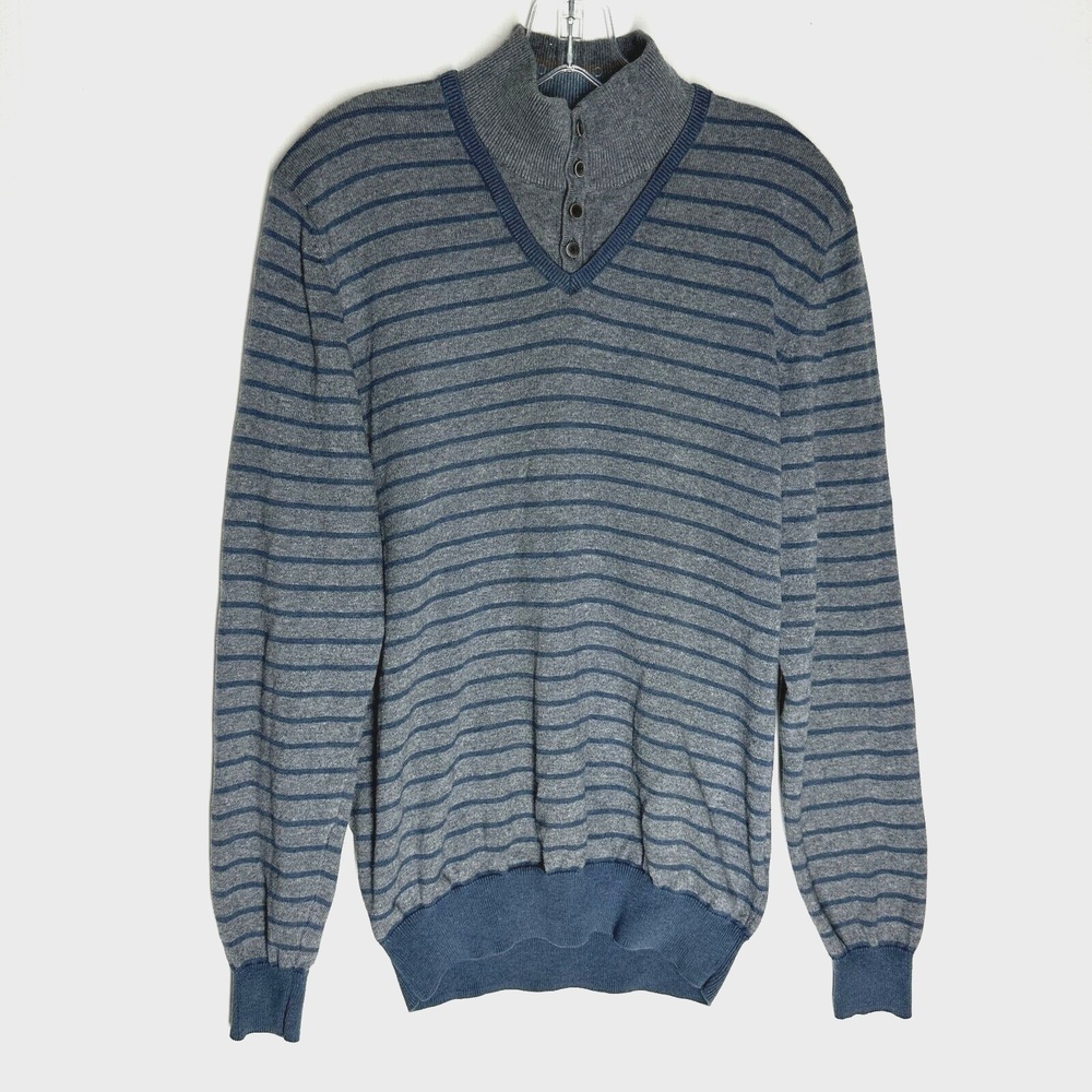 Massimo Dutti Men's Cotton Cashmere Blend Sweater Size L (40) Gray Blue Striped